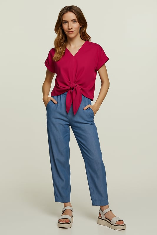 Añade un toque de color a tu guardarropa con esta elegante blusa fucsia con lazo al frente. Confeccionada 100 % con gasa de viscosa, esta tela tejida liviana se siente suave contra la piel y tiene una hermosa caída. La blusa presenta un favorecedor escote en V, mangas cortas enrolladas y un elegante nudo frontal que define la cintura. Perfecto tanto para días informales como para noches elegantes, combina sin esfuerzo con vaqueros, faldas o pantalones sastre.