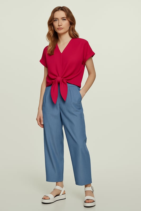 Añade un toque de color a tu guardarropa con esta elegante blusa fucsia con lazo al frente. Confeccionada 100 % con gasa de viscosa, esta tela tejida liviana se siente suave contra la piel y tiene una hermosa caída. La blusa presenta un favorecedor escote en V, mangas cortas enrolladas y un elegante nudo frontal que define la cintura. Perfecto tanto para días informales como para noches elegantes, combina sin esfuerzo con vaqueros, faldas o pantalones sastre.