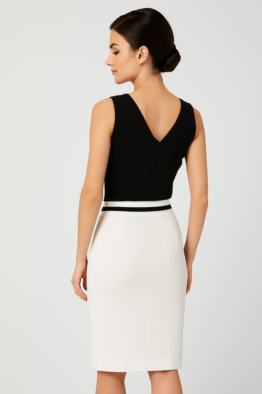 Falda tubo entallada en tejido de gabardina elástica. Raya blanca a contraste en la parte inferior de la cinturilla. Se cierra con cremallera oculta. Pequeña abertura en la espalda. Totalmente forrado. Nuestro modelo mide 178 cm y usa la talla 36. Medidas de la talla 38 (en cm): Largo del cuerpo: 62; cintura-39; Dobladillo-48. La prenda está ajustada.