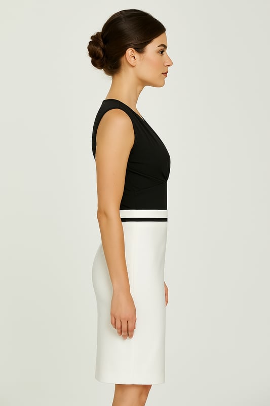 Falda tubo entallada en tejido de gabardina elástica. Raya blanca a contraste en la parte inferior de la cinturilla. Se cierra con cremallera oculta. Pequeña abertura en la espalda. Totalmente forrado. Nuestro modelo mide 178 cm y usa la talla 36. Medidas de la talla 38 (en cm): Largo del cuerpo: 62; cintura-39; Dobladillo-48. La prenda está ajustada.