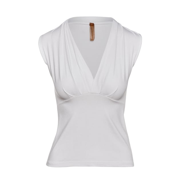 Ilumina tu guardarropa con este elegante top blanco sin mangas con cuello en V, confeccionado con una mezcla de punto de algodón y elastano suave y transpirable. Diseñado para un ajuste elástico cómodo, este top ofrece un equilibrio perfecto entre estructura y flexibilidad. El elegante escote en V y el suave detalle fruncido crean una silueta favorecedora, lo que lo convierte en un básico versátil para cualquier ocasión. Ya sea vestido con pantalones entallados o con un estilo informal con mezclilla, este top es una adición sencilla a tus elementos esenciales del día a día. Perfecto para días cálidos o para usar debajo de blazers y cárdigans.