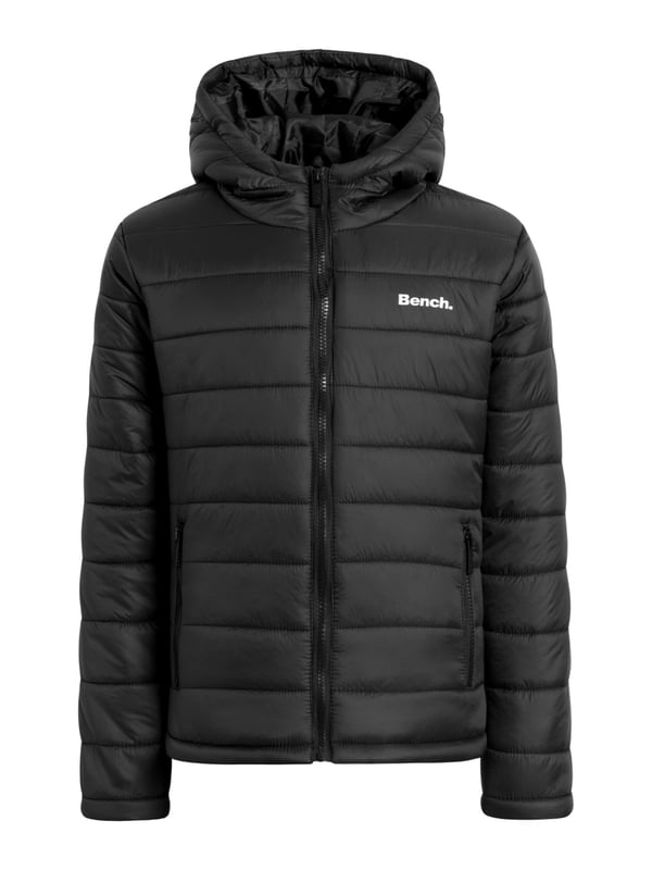 Eénkleurige winterjas met capuchon, rits en zijzakken.