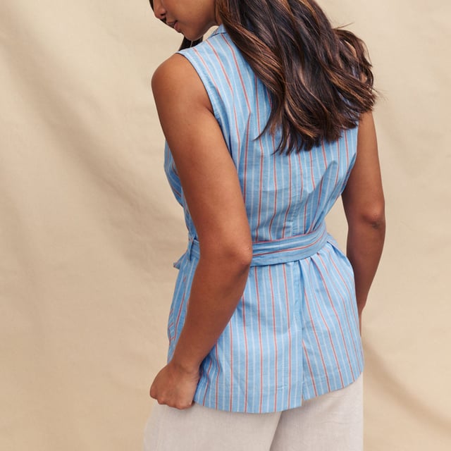 Womens Nobody's Child Quinn Striped Waistcoat in blue.Waistcoats are in. Tthis one comes in red  white and blue stripes. It comes sleeveless but for a more formal look  it’s cut to a long line shape with a classic tie waist and belt loops. Style with the matching trousers to complete the set. - Notch collar - Button front- Pockets- Tie waist- Belt loops- Ref: T240988BLU