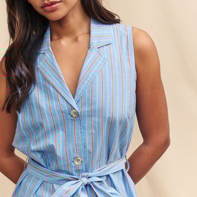 Womens Nobody's Child Quinn Striped Waistcoat in blue.Waistcoats are in. Tthis one comes in red  white and blue stripes. It comes sleeveless but for a more formal look  it’s cut to a long line shape with a classic tie waist and belt loops. Style with the matching trousers to complete the set. - Notch collar - Button front- Pockets- Tie waist- Belt loops- Ref: T240988BLU