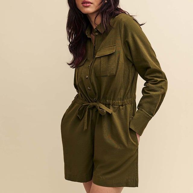 Womens Nobody's Child Miranda Utility Playsuit in khaki green.Lighten up. Long sleeves are accompanied by a soft tie waist and cargo style patch pockets. Swing a straw bag over your arm and go. - Collar - Long sleeves- Pockets - Button front- Drawstring waist- 69% Organic Cotton  31% Linen.  Machine washable.- Ref: P240250GRN