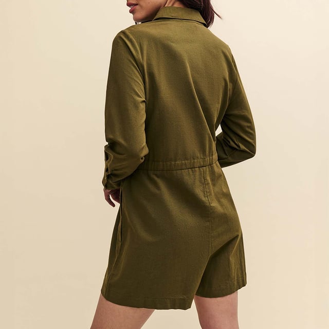 Womens Nobody's Child Miranda Utility Playsuit in khaki green.Lighten up. Long sleeves are accompanied by a soft tie waist and cargo style patch pockets. Swing a straw bag over your arm and go. - Collar - Long sleeves- Pockets - Button front- Drawstring waist- 69% Organic Cotton  31% Linen.  Machine washable.- Ref: P240250GRN