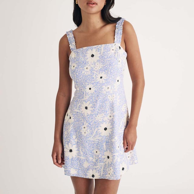 Womens Nobody's Child Kitty Floral Mini Dress in blue.More dresses  less waste. This piece was created using deadstock materials  that means we took leftover fabrics and transformed them into one of our signature styles. Made entirely from responsible viscose  this blue floral one has a so-now square neckline and bra-friendly straps detailed with wavy ruching. We’re in love with the corset-inspired ties at the back. Style yours with Mary-Jane shoes. • Thick straps• Square neck• Concealed zip fastening100% LENZING™ ECOVERO™ Viscose.  Machine washable.Ref: D242763BLU