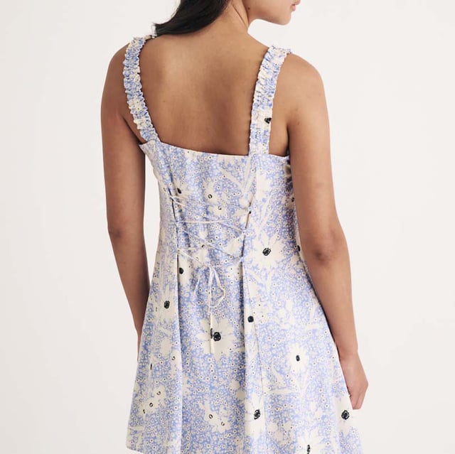 Womens Nobody's Child Kitty Floral Mini Dress in blue.More dresses  less waste. This piece was created using deadstock materials  that means we took leftover fabrics and transformed them into one of our signature styles. Made entirely from responsible viscose  this blue floral one has a so-now square neckline and bra-friendly straps detailed with wavy ruching. We’re in love with the corset-inspired ties at the back. Style yours with Mary-Jane shoes. • Thick straps• Square neck• Concealed zip fastening100% LENZING™ ECOVERO™ Viscose.  Machine washable.Ref: D242763BLU