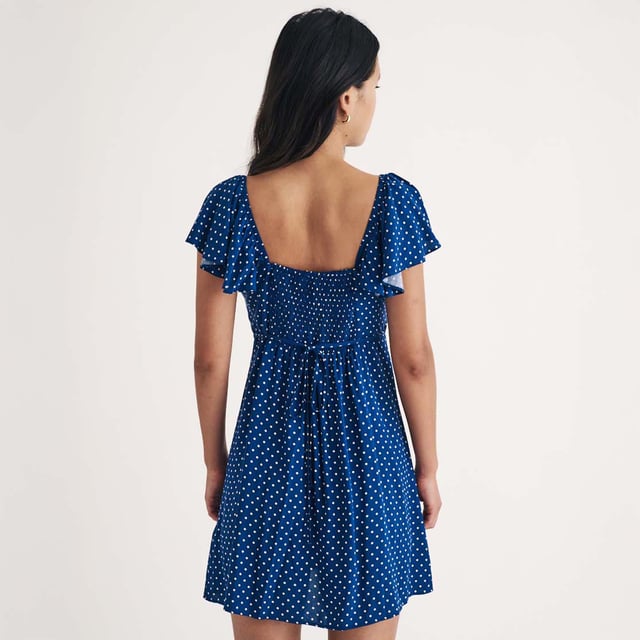Womens Nobody's Child Elise Polka Dot Mini Dress in blueMade entirely from responsible viscose  this blue and white polka dot print is perfect for garden parties in the sunshine. Shirring at the back adds to the fit. Elevate yours with flat pumps.• Square neck• Short flutter sleeves • Fitted bodice that defines the waist • Shirred back for comfort • Back waist tie100% LENZING™ ECOVERO™ Viscose.  Machine washable.Ref: D242765BLU