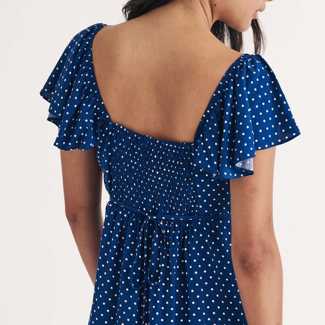 Womens Nobody's Child Elise Polka Dot Mini Dress in blueMade entirely from responsible viscose  this blue and white polka dot print is perfect for garden parties in the sunshine. Shirring at the back adds to the fit. Elevate yours with flat pumps.• Square neck• Short flutter sleeves • Fitted bodice that defines the waist • Shirred back for comfort • Back waist tie100% LENZING™ ECOVERO™ Viscose.  Machine washable.Ref: D242765BLU