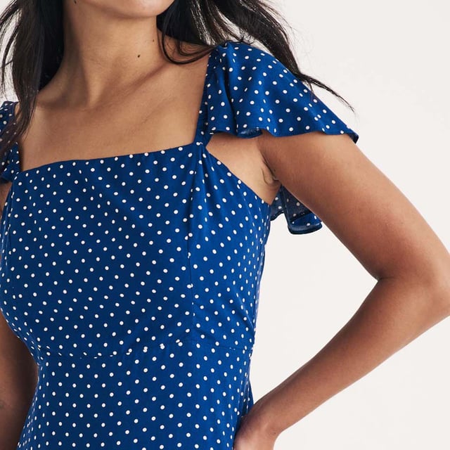 Womens Nobody's Child Elise Polka Dot Mini Dress in blueMade entirely from responsible viscose  this blue and white polka dot print is perfect for garden parties in the sunshine. Shirring at the back adds to the fit. Elevate yours with flat pumps.• Square neck• Short flutter sleeves • Fitted bodice that defines the waist • Shirred back for comfort • Back waist tie100% LENZING™ ECOVERO™ Viscose.  Machine washable.Ref: D242765BLU