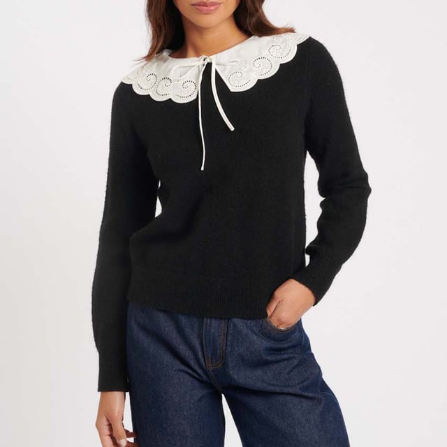 Womens Nobody's Child Broderie Anglaise Collar Knitted Jumper in black.So-now  so cosy. Expertly crafted from a blend of recycled materials  this is cold-weather dressing but with a stylish twist. We’re obsessed with the detailed statement collar that comes together with a tie fastening. Wear yours with absolutely everything. • Round neck• Drop collar• Tie fastening• Long sleeves• Ribbed trims• We recommend folding your knits to avoid any unwanted stretching62% Recycled Polyester  15% Recycled Acrylic  13% Lyocell  8% Polyamide.  Machine washable.Ref: K242466BLK