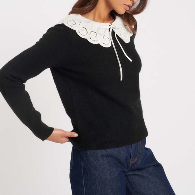 Womens Nobody's Child Broderie Anglaise Collar Knitted Jumper in black.So-now  so cosy. Expertly crafted from a blend of recycled materials  this is cold-weather dressing but with a stylish twist. We’re obsessed with the detailed statement collar that comes together with a tie fastening. Wear yours with absolutely everything. • Round neck• Drop collar• Tie fastening• Long sleeves• Ribbed trims• We recommend folding your knits to avoid any unwanted stretching62% Recycled Polyester  15% Recycled Acrylic  13% Lyocell  8% Polyamide.  Machine washable.Ref: K242466BLK