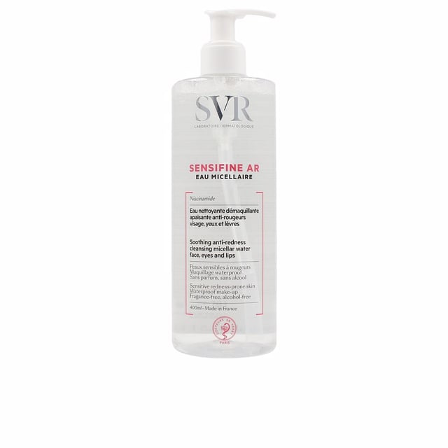 Sensifine Ar Eau Micellaire 400 ml Discover the SVR Sensifine AR Soothing Anti-Redness Micellar Water, a gentle yet effective solution for sensitive skin prone to redness and rosacea. This 400ml micellar water is enriched with moisturizing agents and calming niacinamide, making it perfect for cleansing your face, eyes, and lips while removing makeup effortlessly. Experience soothing relief and visibly reduced redness, leaving your skin feeling refreshed, clear, and balanced. Ideal for daily use, simply apply it to clean skin every morning for optimal results.