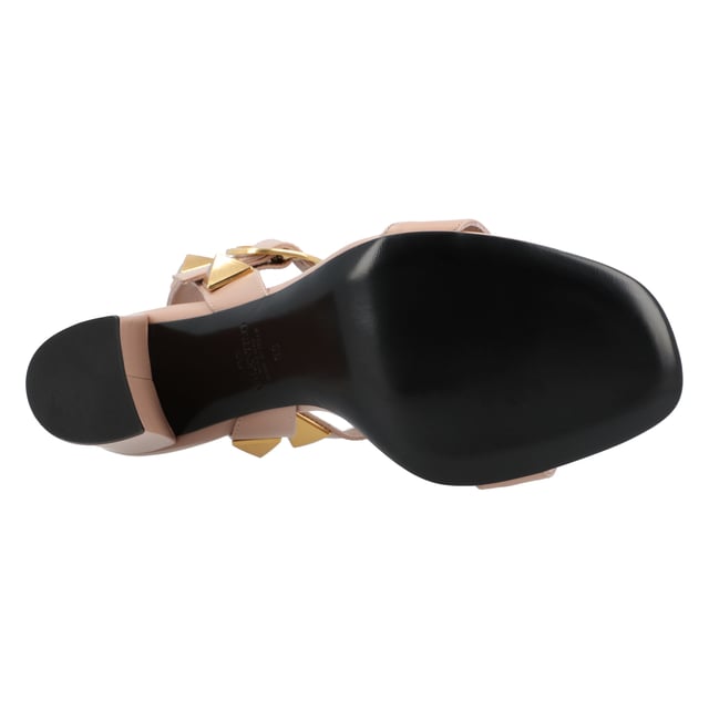 Highlights
 Pink
 Calf leather
 iconic Roman Stud rivets
 Logo embossed in the footbed
 toeless
 Buckle closure on the side
 Block heel 90mm
 

 composition
 Outer material: metal 100%, calf leather 100%
 

 Lining: Lamb leather 100%
 

 Sole: Calf leather 100% Measurments:  height: 90 mm