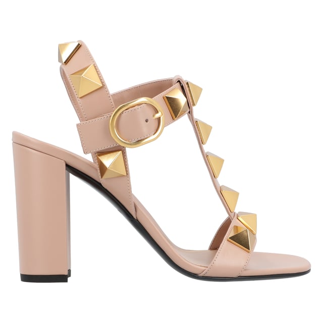 Highlights
 Pink
 Calf leather
 iconic Roman Stud rivets
 Logo embossed in the footbed
 toeless
 Buckle closure on the side
 Block heel 90mm
 

 composition
 Outer material: metal 100%, calf leather 100%
 

 Lining: Lamb leather 100%
 

 Sole: Calf leather 100% Measurments:  height: 90 mm