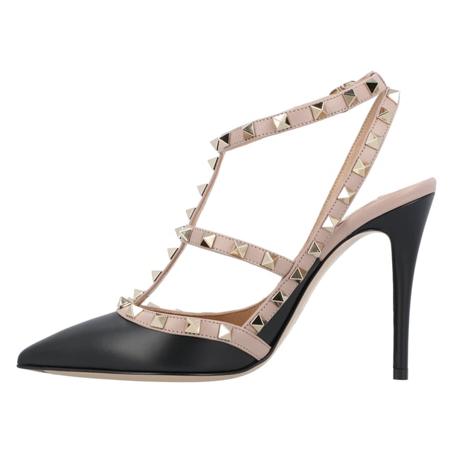 black/beige leather gold-tone Rockstud embellishment pointed toe buckle-fastening ankle strap branded leather insole stiletto heel
 

 Made in:
 Italy
 

 Size &amp; fit:
 HEEL: 11.0 Centimetres
 Sole height: 1.0 Centimetres Measurments:  height: 110 mm