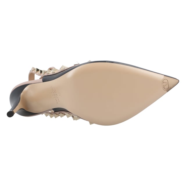 black/beige leather gold-tone Rockstud embellishment pointed toe buckle-fastening ankle strap branded leather insole stiletto heel
 

 Made in:
 Italy
 

 Size &amp; fit:
 HEEL: 11.0 Centimetres
 Sole height: 1.0 Centimetres Measurments:  height: 110 mm