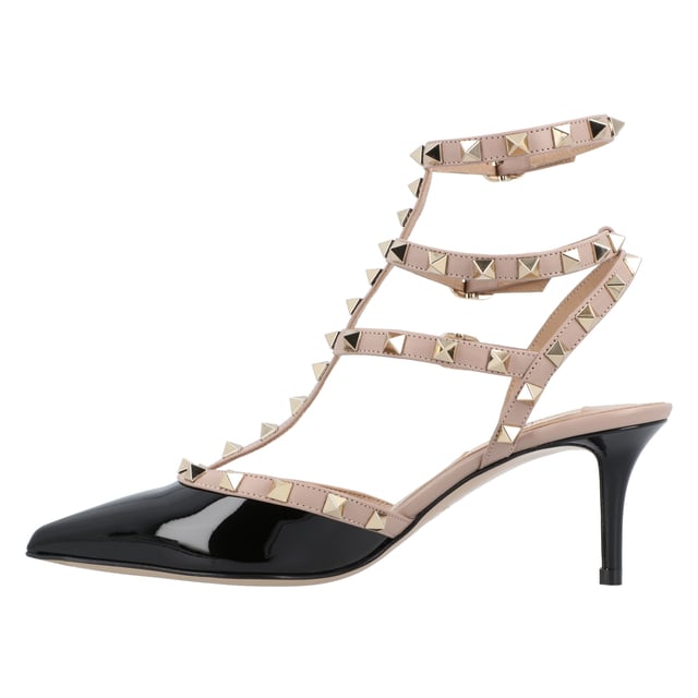 Upper: 100% leather
 Color: Black and Pink
 Rubber sole
 Heel height: 65 mm
 Other details: rivets on the strap
 Made in Italy