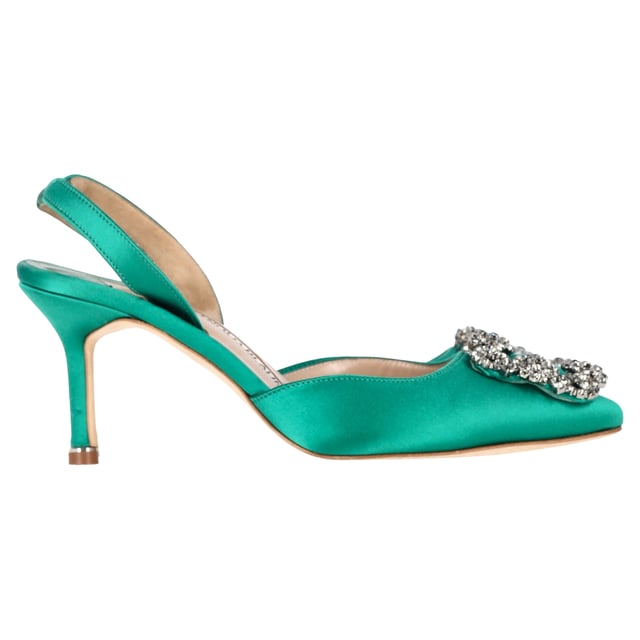 VINTAGE, RRP AS NEW
 Add a touch of luxury and glamour to your footwear collection with the Manolo Blahnik Hangisi 70 Embellished Slingback Pumps in Green Satin. These exquisite pumps are crafted from rich green satin that exudes opulence, while the sleek 70mm heel offers a perfect balance of height and comfort. The standout feature is the intricate embellishment at the toe, adding a dose of sparkle and sophistication to every step you take.

Manolo Blahnik Hangisi 70 Embellished Slingback Pumps in Green Satin

Condition: Very good
Signs of wear: Include Box., Minor markings, Lightly used but very well maintained. Minor mark at soles & creasing, light scuffing at the soles and heels.
Packaging: Box, Dust bag
Color: Green 
Material: Satin 
Size: IT34.5/UK1.5/FR35.5/US4.5/EU34.5
Measurements: Heel height: 80; Insole length: 260
SKU: NAPPUGBSH429005W