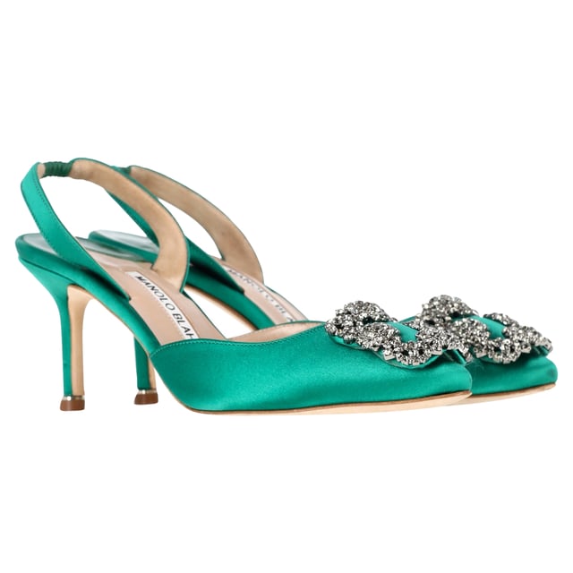 VINTAGE, RRP AS NEW
 Add a touch of luxury and glamour to your footwear collection with the Manolo Blahnik Hangisi 70 Embellished Slingback Pumps in Green Satin. These exquisite pumps are crafted from rich green satin that exudes opulence, while the sleek 70mm heel offers a perfect balance of height and comfort. The standout feature is the intricate embellishment at the toe, adding a dose of sparkle and sophistication to every step you take.

Manolo Blahnik Hangisi 70 Embellished Slingback Pumps in Green Satin

Condition: Very good
Signs of wear: Include Box., Minor markings, Lightly used but very well maintained. Minor mark at soles & creasing, light scuffing at the soles and heels.
Packaging: Box, Dust bag
Color: Green 
Material: Satin 
Size: IT34.5/UK1.5/FR35.5/US4.5/EU34.5
Measurements: Heel height: 80; Insole length: 260
SKU: NAPPUGBSH429005W