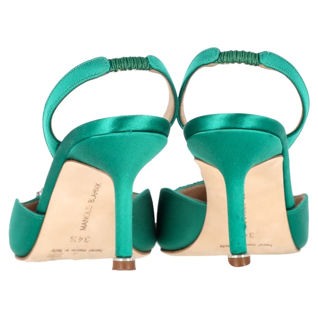 VINTAGE, RRP AS NEW
 Add a touch of luxury and glamour to your footwear collection with the Manolo Blahnik Hangisi 70 Embellished Slingback Pumps in Green Satin. These exquisite pumps are crafted from rich green satin that exudes opulence, while the sleek 70mm heel offers a perfect balance of height and comfort. The standout feature is the intricate embellishment at the toe, adding a dose of sparkle and sophistication to every step you take.

Manolo Blahnik Hangisi 70 Embellished Slingback Pumps in Green Satin

Condition: Very good
Signs of wear: Include Box., Minor markings, Lightly used but very well maintained. Minor mark at soles & creasing, light scuffing at the soles and heels.
Packaging: Box, Dust bag
Color: Green 
Material: Satin 
Size: IT34.5/UK1.5/FR35.5/US4.5/EU34.5
Measurements: Heel height: 80; Insole length: 260
SKU: NAPPUGBSH429005W
