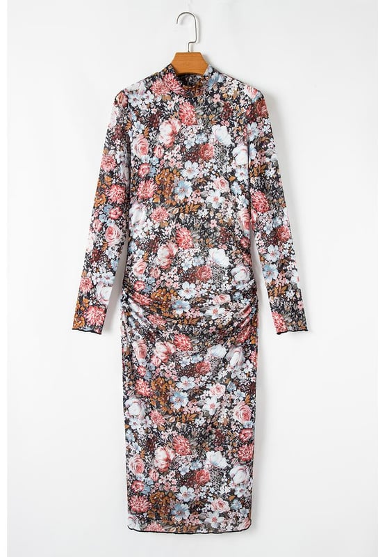 Estampado floral marrón
  Diseño de cuello alto
  Mangas largas
  Corte ajustado
  Detalle de ribete de lechuga
  Largo midi
  Gran elasticidad
Material 95% Poliéster 5% Elastano
