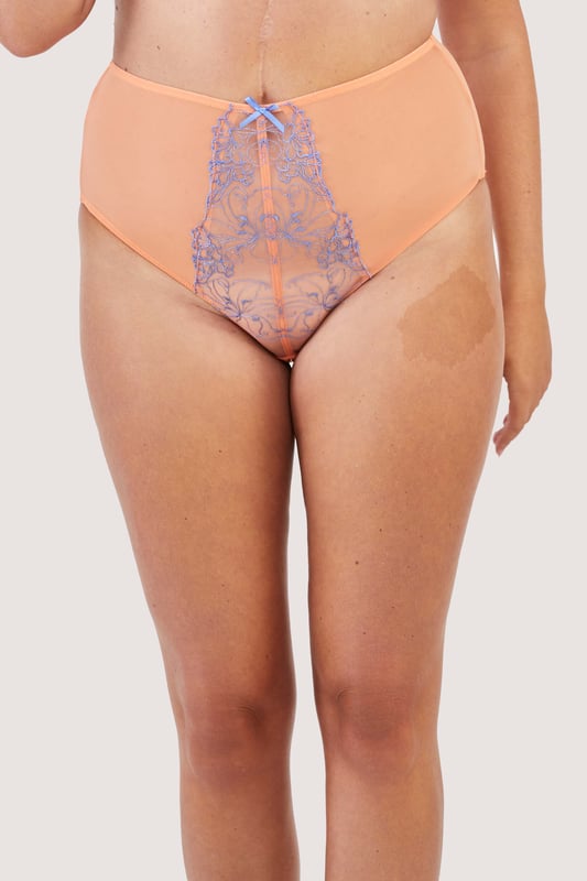 Look and feel your best in the luxurious Palm Bay Coral Embroidery High Waist Brief. Crafted from soft coral sheer mesh and enhanced with beautiful cornflower blue floral embroidery and matching satin bow details, this High Waisted Brief has a elasticated high waist for ultimate comfort. Let this romantic lingerie delight and inspire you! Match with the Palm Bay Plunge Bra and Suspender Belt for the full flirty finish. 




Coral Mesh High Waist Brief
Cornflower Blue Floral Embroidery
Elasticated Waist
Bow detail
Sheer mesh back




Main: 62% Polyester 38% Polyamide. Main 2: 86% Polyamide 14% Elastane. Gusset Liner: 100&Cotton. Excluding Trims.