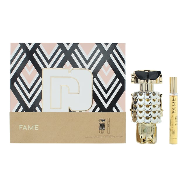 Paco Rabanne Fame 2 Piece Gift Set features Fame Eau de Parfum (80ml & 10ml), a Floral Woody Musk fragrance for women. Launched in 2022, this fragrance is ideal for the warmer seasons and is best suited for day wear. Housed in a classic bottle, it exudes modern femininity with a bold and radiant character.  The fragrance opens with a vibrant fusion of mango and bergamot, delivering a fruity and citrusy freshness. At its heart, the floral elegance of jasmine blends with the resinous depth of olibanum, creating a captivating and sensual aura. The base unfolds into a warm and creamy combination of vanilla and sandalwood, leaving a smooth and long-lasting impression.  Ideal for those who love playful yet sophisticated fragrances, Fame is a radiant and empowering scent that adds a touch of glamour to everyday moments.  
Top Notes: Mango, Bergamot. Middle Notes: Jasmine, Olibanum. Base Notes: Vanilla, Sandalwood.  
How to Apply: 
Apply it to your body's warmest points, such as the crease of your elbows and wrists, to intensify the longevity of the fragrance. Avoid rubbing after application, as this will reduce the longevity of the fragrance. For wrist application, apply the fragrance after hand washing.