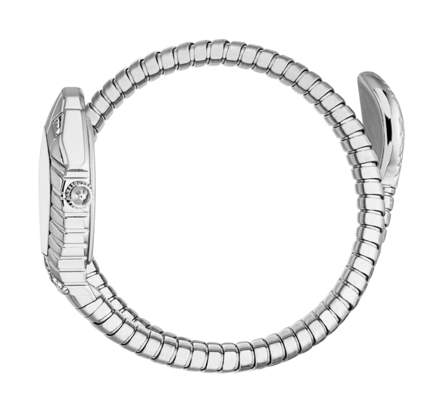 A design that embodies strength, mystery, and timeless allure. Crafted in sleek silver-tone steel, this Snake watch stands out with its bold hexagonal case, inspired by the geometric patterns of the animal kingdom, enhanced with faceted details and shimmering crystal accents. The textured snakeskin-effect dial seamlessly blends with the wrap-around bracelet, which coils around the wrist in a mesmerizing, fluid motion. Every element, from the sharp lines to the radiant finishes, is designed for those who dare to express their personality through iconic and unconventional accessories.
