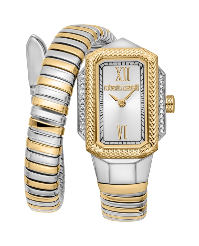 The Roberto Cavalli Lady watch is a stylish fashion accessory designed for adult women. It operates on a reliable quartz movement and features a sleek two-hand display. The case is made from stainless steel with a combination of silver grey and yellow gold tones, giving it a refined and elegant appearance. While the case diameter is not specified, it has a slim profile with a thickness of 8 mm. The watch is protected by a durable mineral crystal and features a pull & push crown for easy adjustment.

This timepiece is water-resistant and comes with a stainless steel band that matches the dual-tone case, blending silver grey and yellow gold. The band measures 23 cm in length and 13 mm in width, offering a secure and comfortable fit. The dial also comes in silver grey, creating a cohesive and sophisticated look. Weighing 46 grams, the watch does not include luminous hands or indexes and is not a limited edition model, making it an elegant choice for everyday wear.
