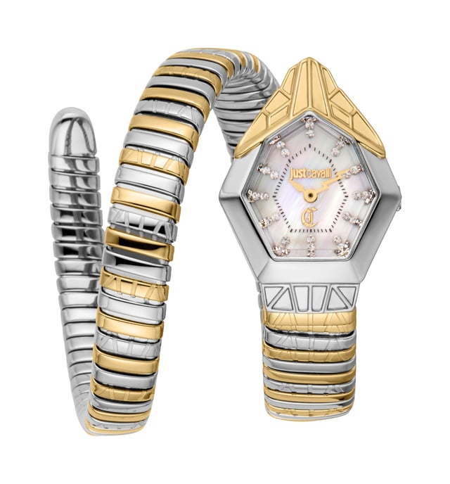 A perfect blend of elegance and modernity comes to life in a bold design inspired by the sinuous silhouette of the serpent. The flexible double-wrap bracelet alternates gold and silver finishes, creating a refined contrast that enhances the structure’s dynamic appeal. The hexagonal case, reminiscent of scale textures, frames an iridescent mother-of-pearl dial adorned with crystal indexes that add extra brilliance. This model embodies the perfect balance between sophisticated details and sharp lines, designed for those who love to express their personality through distinctive accessories.