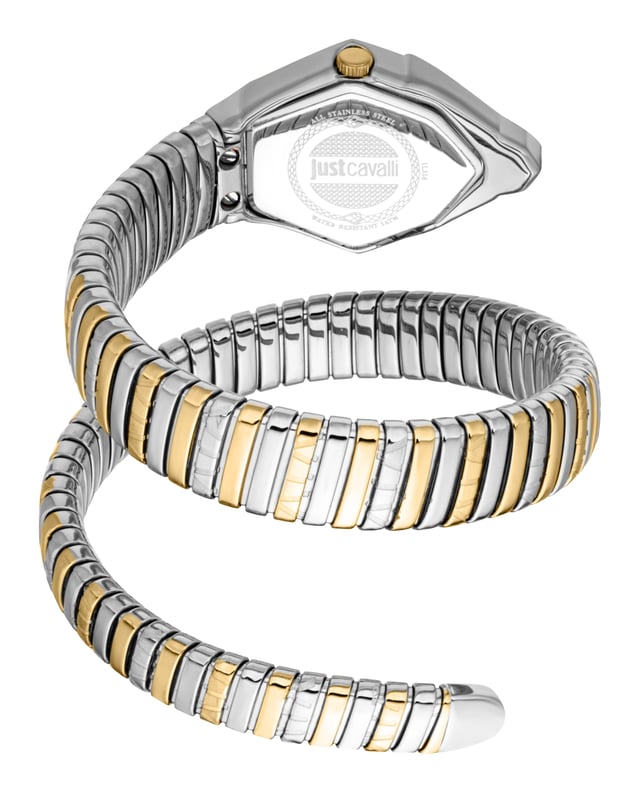 A perfect blend of elegance and modernity comes to life in a bold design inspired by the sinuous silhouette of the serpent. The flexible double-wrap bracelet alternates gold and silver finishes, creating a refined contrast that enhances the structure’s dynamic appeal. The hexagonal case, reminiscent of scale textures, frames an iridescent mother-of-pearl dial adorned with crystal indexes that add extra brilliance. This model embodies the perfect balance between sophisticated details and sharp lines, designed for those who love to express their personality through distinctive accessories.