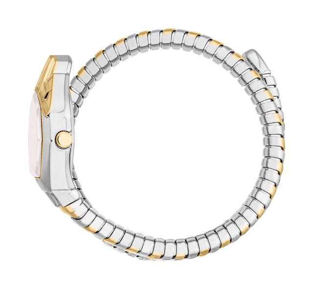 A perfect blend of elegance and modernity comes to life in a bold design inspired by the sinuous silhouette of the serpent. The flexible double-wrap bracelet alternates gold and silver finishes, creating a refined contrast that enhances the structure’s dynamic appeal. The hexagonal case, reminiscent of scale textures, frames an iridescent mother-of-pearl dial adorned with crystal indexes that add extra brilliance. This model embodies the perfect balance between sophisticated details and sharp lines, designed for those who love to express their personality through distinctive accessories.