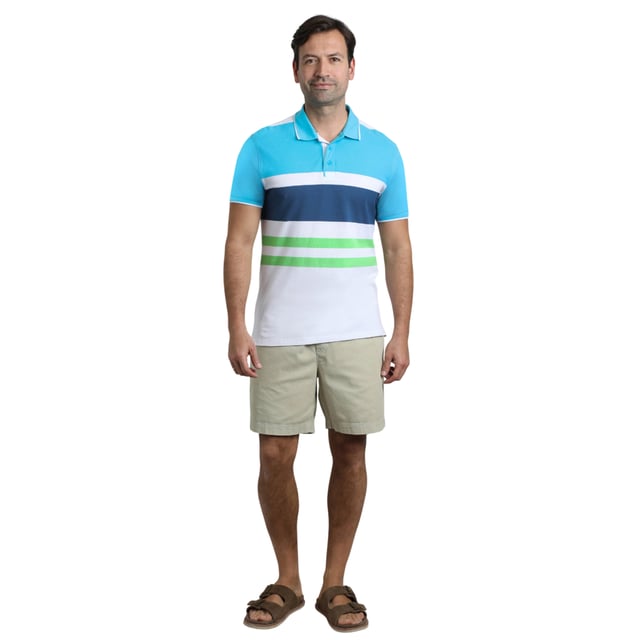 100% Organic Cotton. Fabric: Pique. Design: Contrast Striped, Woven Effect. Fastening: Button-Down. Cuff: Ribbed. Neckline: Ribbed Collar, Turn Down Collar. Sleeve-Type: Short-Sleeved. Hem: Split. 3 Button Placket, Branded Tape. S: 37 in. M: 40 in. L: 43 in. XL: 46 in. XXL: 49 in. 3XL: 52 in. 4XL: 55 in. 5XL: 58 in.