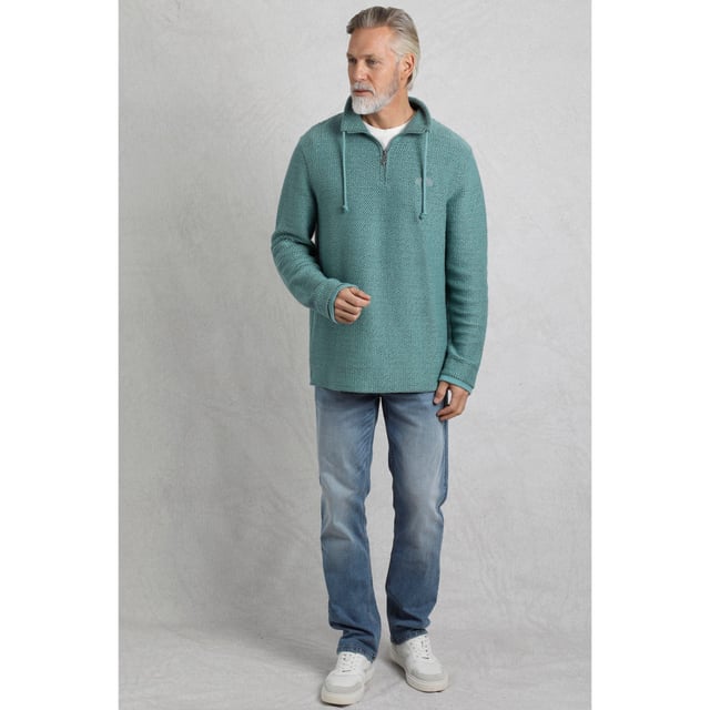 86% Organic Cotton, 14% Recycled Polyester. Fabric: Macaroni. Design: Embroidered, Logo. Branded Zip Pull. Sleeve-Type: Long-Sleeved. Neckline: Standing Collar. Fastening: 1/4, Metal Zip, Tie Neck. Sustainability: Eco Friendly. S: 37 in. M: 40 in. L: 43 in. XL: 46 in. XXL: 49 in. 3XL: 52 in. 4XL: 55 in. 5XL: 58 in.