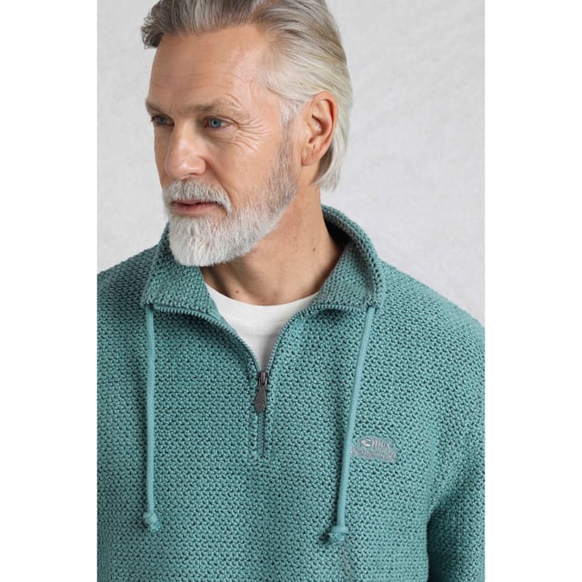86% Organic Cotton, 14% Recycled Polyester. Fabric: Macaroni. Design: Embroidered, Logo. Branded Zip Pull. Sleeve-Type: Long-Sleeved. Neckline: Standing Collar. Fastening: 1/4, Metal Zip, Tie Neck. Sustainability: Eco Friendly. S: 37 in. M: 40 in. L: 43 in. XL: 46 in. XXL: 49 in. 3XL: 52 in. 4XL: 55 in. 5XL: 58 in.