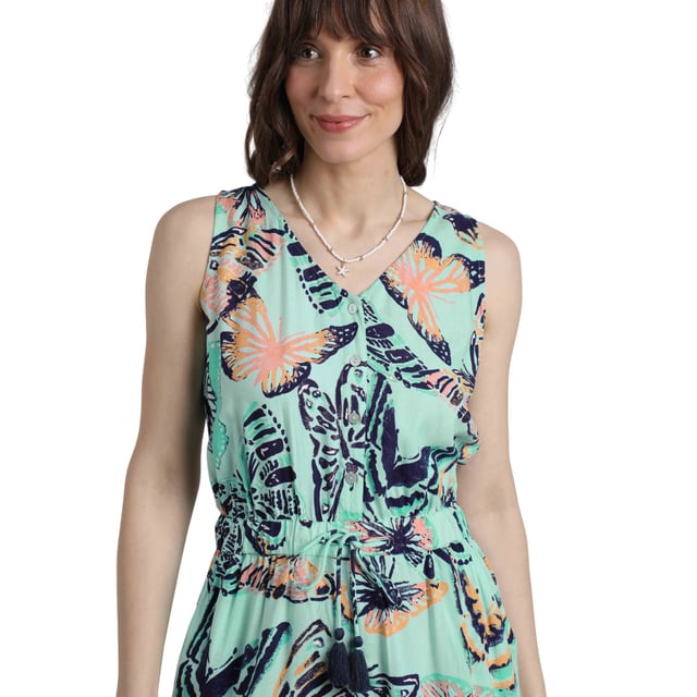 100% LivaEco Viscose. Design: Logo, Printed. Pockets: 2 Slip Pockets. Waistline: Drawstring. Sleeve-Type: Sleeveless. Neckline: V Neck. Fabric Technology: Breathable, Hypoallergenic, Lightweight, Moisture Wicking, Soft. Mock Shell Button. Fastening: Pull-On. Fit: Relaxed Fit. 8 UK: 33 in. 10 UK: 35 in. 12 UK: 37 in. 14 UK: 39 in. 20 UK: 45.5 in. 22 UK: 47.5 in. 18 UK: 44 in. 16 UK: 41 in.