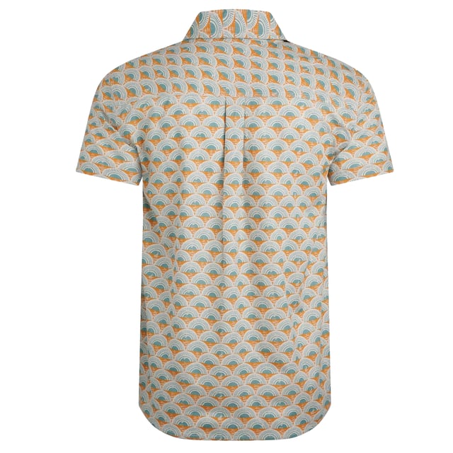 100% Organic Cotton. Design: All-Over Print, Shell. Pockets: 1 Chest Pocket. Fastening: Button-Down. Sleeve-Type: Short-Sleeved. Neckline: Taped, Turn Down Collar. Pleated Back, Side Vents. S: 37 in. M: 40 in. L: 43 in. XL: 46 in. XXL: 49 in. 3XL: 52 in. 4XL: 55 in. 5XL: 58 in.