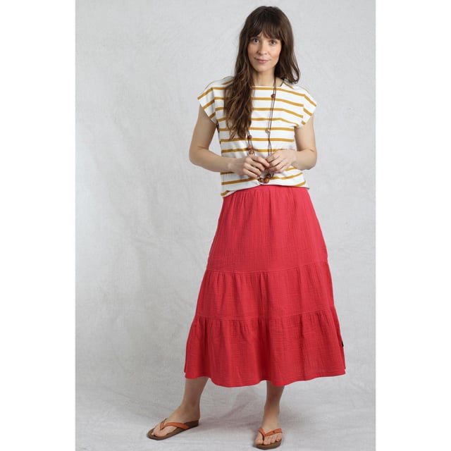 Fabric: Cheesecloth. Lining: Cotton. Design: Tiered. Fabric Technology: Breathable, Lightweight. Outer Materials: 100% Organic Cotton. Waistline: Elasticated. Length: Midi.