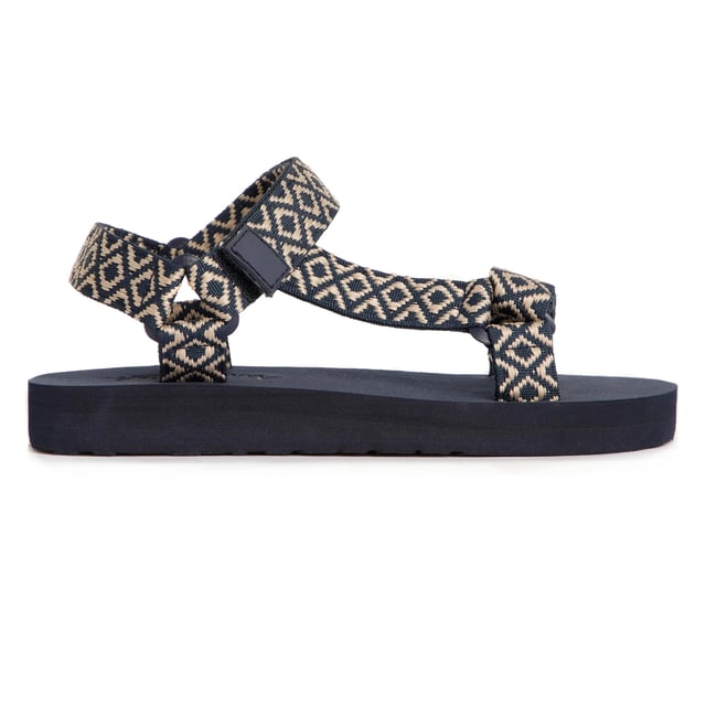 Upper: Cotton, EVA (Ethyl Vinyl Acetate), PVC. Lining: Synthetic. Outsole: Synthetic, Textured. Flat. Design: Aztec, Logo. Toe Style: Open. Fastening: Adjustable Strap, Touch Fastening.