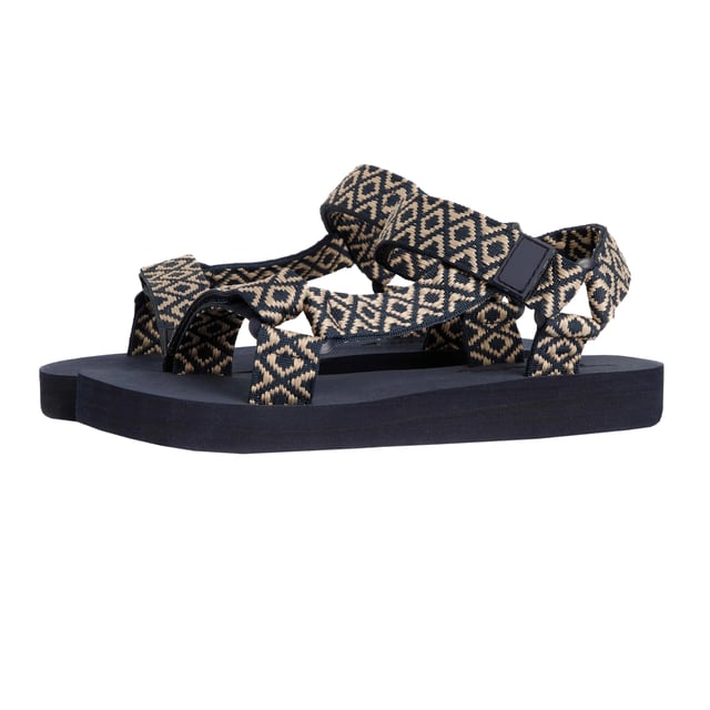 Upper: Cotton, EVA (Ethyl Vinyl Acetate), PVC. Lining: Synthetic. Outsole: Synthetic, Textured. Flat. Design: Aztec, Logo. Toe Style: Open. Fastening: Adjustable Strap, Touch Fastening.