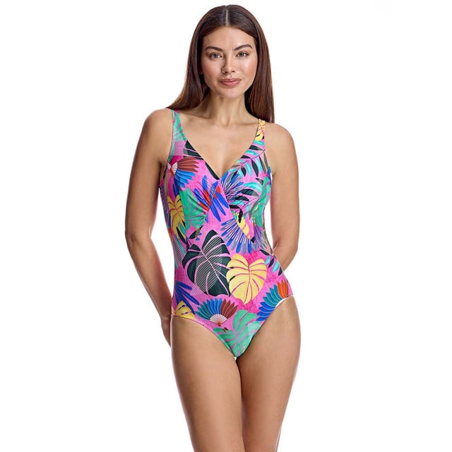 This one-piece swimsuit for women combines elegance and comfort with a slimming design that flatters the silhouette. Its high-quality materials and carefully crafted details make it an ideal women's swimsuit for looking sophisticated on the beach or pool.\n\n Details:\n\n - Deep V-neckline that enhances the silhouette.\n - Adjustable straps.\n - Vibrant tropical print.\n - Low back with U-cut.\n - Quick-drying and chlorine-resistant material.\n - Optimal coverage and support.\n\n We can safely say that women's one-piece swimsuits will offer you everything you are looking for. If you are interested in purchasing a stylish and practical piece that will allow you to swim at any time of the year, women's pico swimsuits are for you.\n\n Our one-piece swimsuits for women adapt perfectly to any type and size of breast without exception.\n Composition: Exterior: 80% Polyamide, 20% Lycra; Interior: 75% Polyamide, 16% Elastane, 9% Elastomer\n Care:\nHand wash.\n Use neutral soap.\n Do not twist or squeeze.\n Air dry.