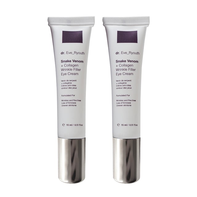 2 x Snake Venom + Collagen Wrinkle Filler Eye Cream 15 Revitalize your eye area with our Snake Venom + Collagen Wrinkle Filler Eye Cream, available in a set of two 15ml jars. This targeted eye cream is formulated to tackle the signs of aging around the delicate eye area. Enriched with snake venom peptide and collagen, it helps reduce the appearance of fine lines, wrinkles, and puffiness, while improving skin firmness and smoothness.
To use, gently pat a small amount of the eye cream around the eye area using your ring finger. Apply morning and night after cleansing and toning, being careful not to apply too close to the eyes. Use daily to achieve a refreshed, youthful look with visibly reduced signs of aging.