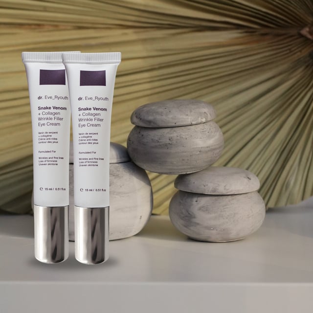 2 x Snake Venom + Collagen Wrinkle Filler Eye Cream 15 Revitalize your eye area with our Snake Venom + Collagen Wrinkle Filler Eye Cream, available in a set of two 15ml jars. This targeted eye cream is formulated to tackle the signs of aging around the delicate eye area. Enriched with snake venom peptide and collagen, it helps reduce the appearance of fine lines, wrinkles, and puffiness, while improving skin firmness and smoothness.
To use, gently pat a small amount of the eye cream around the eye area using your ring finger. Apply morning and night after cleansing and toning, being careful not to apply too close to the eyes. Use daily to achieve a refreshed, youthful look with visibly reduced signs of aging.