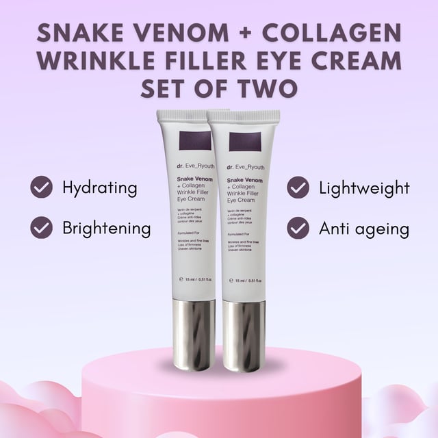 2 x Snake Venom + Collagen Wrinkle Filler Eye Cream 15 Revitalize your eye area with our Snake Venom + Collagen Wrinkle Filler Eye Cream, available in a set of two 15ml jars. This targeted eye cream is formulated to tackle the signs of aging around the delicate eye area. Enriched with snake venom peptide and collagen, it helps reduce the appearance of fine lines, wrinkles, and puffiness, while improving skin firmness and smoothness.
To use, gently pat a small amount of the eye cream around the eye area using your ring finger. Apply morning and night after cleansing and toning, being careful not to apply too close to the eyes. Use daily to achieve a refreshed, youthful look with visibly reduced signs of aging.
