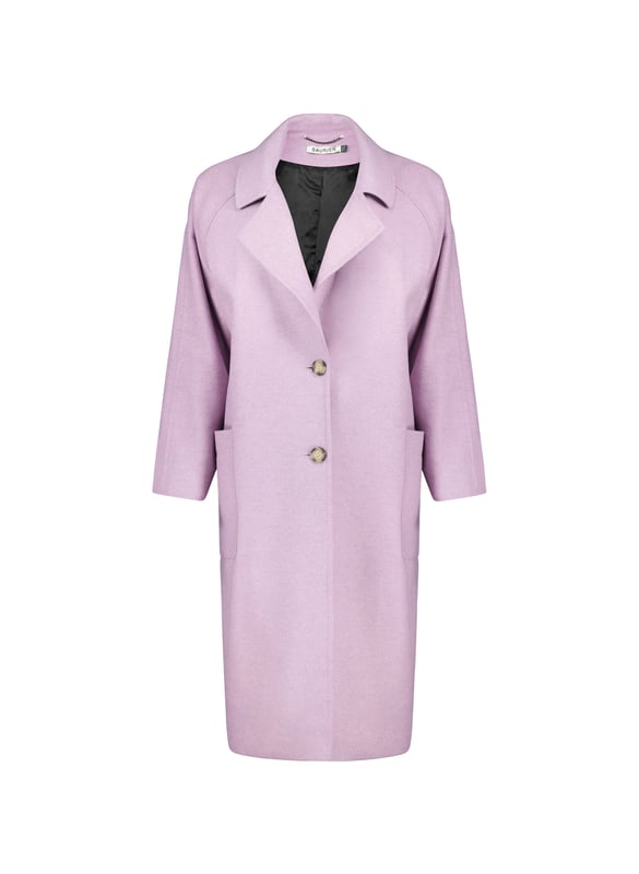 Description\nFits true to size, we suggest ordering your usual size.\nThere’s no such thing as the winter blues when you’re cocooned in the Olympia Coat. In a gorgeous shade of lilac, it will boost your mood - and keep you warm thanks to its recycled wool fibres. Cut for an oversize shape with a relaxed, single-breasted neckline, it features a pair of oversize patch pockets. Wear it to add a playful lilt to weekday outfits.\nOur recycled wool blends may have small imperfections as a result of the recycling process, this means every piece is a little bit unique.\n\nCrafted in a recycled wool blend\nTwo button fastenings\nFully lined\nRear vent opening\n\n\nSustainable Attributes:\n Made in Europe Low impact Low Water Use Ethically made  Recycled Fibres \n\nDetails\n55% Recycled Wool, 30% Recycled Polyester, 10% Recycled Acrylic, 5% OFDry Clean OnlyProduct code: OT40080-LILBack shoulder at neck to hem - 102cm (40 1/8)Sleeve length - 70cm (27 1/2)\n 