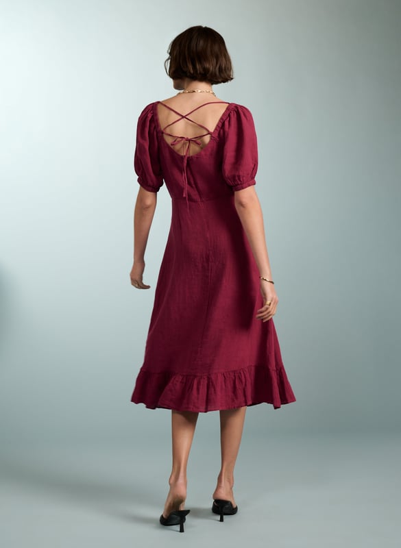 Description\nJuicy like a ripe raspberry and just the right side of crinkly, Nancy is the ultimate summer dress. This style in natural linen comes in a flattering, fit-and-flare silhouette, and a statement square neckline. Its sleeves are pretty and puffy, with elasticated details around the shoulder and cuffs. A style to breeze around in on a hot day, or on holiday, its criss-cross back makes it simply irresistible.\n\nMade in Europe\nCrafted in pure flax linen\nFastens with a concealed center back zip\nCan be worn with a strapless bra\nLong midi length\n\n\nSustainable Attributes:\n  Low Water Use   Natural fibres   Ethically made    Vegan \n\nDetails\n100% LinenDelicate Machine Wash - 30°Product code: DR40475-RASBack shoulder at neck to hem - 120cm (47 1/4)Sleeve length - 35cm (13 3/4)