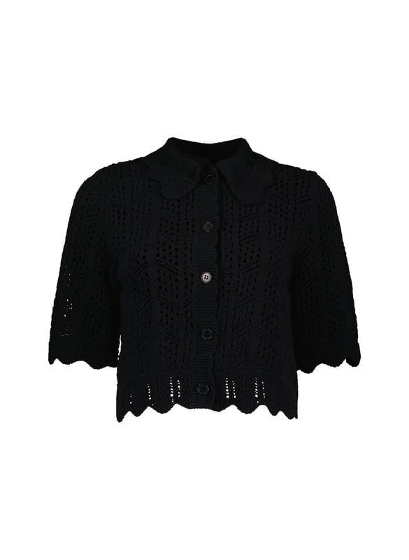Description\nFits true to size, we suggest ordering your usual size.\nWe’re so in love with Pearl that we’ll be wearing it at every given opportunity! Either as a light cover-up over a  or as a top with a vest underneath. This crochet-style cardigan is cut for a short, boxy fit, and adorned with scallop edges around the collar hem. Best of all, it’s made from ECOTEC®, a recycled yarn with a low carbon footprint.\n\nMade in Europe\nCrafted in ECOTEC®\nOpenwork knit detail\nButtons down\nLoose, elbow-length sleeves\n\n\nSustainable Attributes:\n  Low Impact   Low Water Use  Recycled Fibres   Ethically made  Vegan   Low Carbon \n\nDetails\nModel is 5'10 (177cm) and is wearing a UK 1075% ECOTEC® Cotton, 20% ECOTEC® Polyester, 5% Other fibresHand Wash or Dry Clean OnlyProduct Code: KW40283-BLKCentre back waist to hem - 48cm (18 7/8)Sleeve length - 30cm (11 7/8)