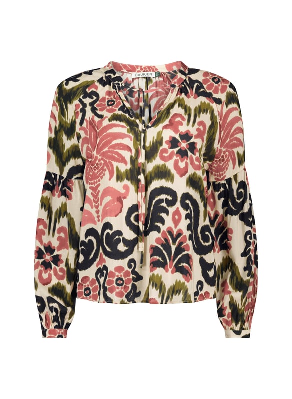 Description\nFits true to size, we suggest ordering your usual size.\nCall on a printed blouse to add some oomph to your trusted summer staples. MaryJayne features an exotic, mood-lifting print, and comes in an unstructured, peasant-inspired shape. Cut for a relaxed fit with voluminous sleeves, wear it half-unbuttoned and tucked into a pair of denim shorts.\n\nMade in Europe\nCrafted in LENZING™ ECOVERO™ viscose voile\nCasual fit\nButtons through with rouleau loop fastenings\nCoordinating neck ties\nButton on cuffs\n\n\nSustainable Attributes:\n  Low Water Use  Ethically made  Vegan  \n\nDetails\nModel is 5'10 (177cm) and is wearing a UK 10100% LENZING™ ECOVERO™ ViscoseDelicate Machine Wash - 30°Product code: SH40240-CPMBack shoulder at neck to hem - 63cm (24 7/8)Sleeve length - 71cm (28)